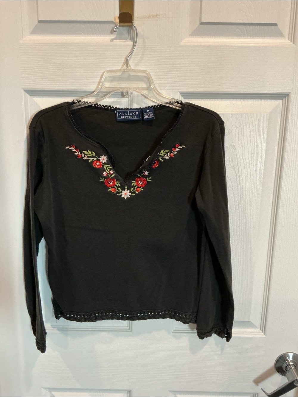 Allison Brittney Black Long-Sleeve V-Neck Top with Floral Embroidery